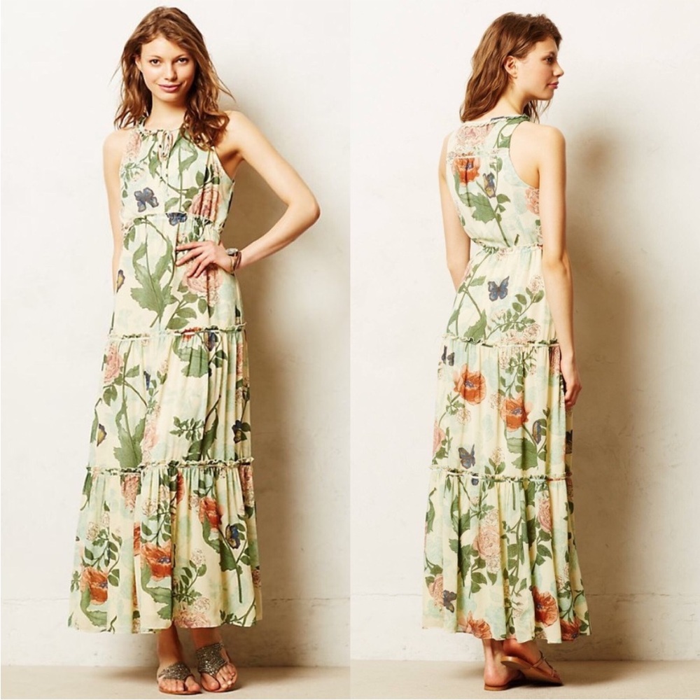 Anthropologie Maeve Maravilla Beige Blue Floral Tiered Sleeveless Maxi Dress 2